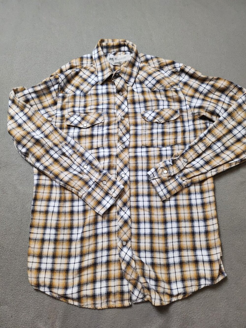 WindRiver Western Pearl Snap Plaid Flannel Shirt Mustard Navy Men's S